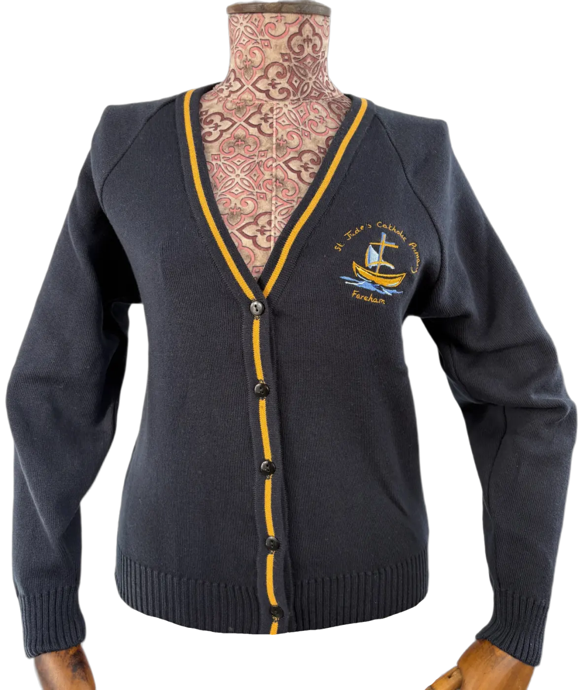 Navy school cardigan with embroidered crest