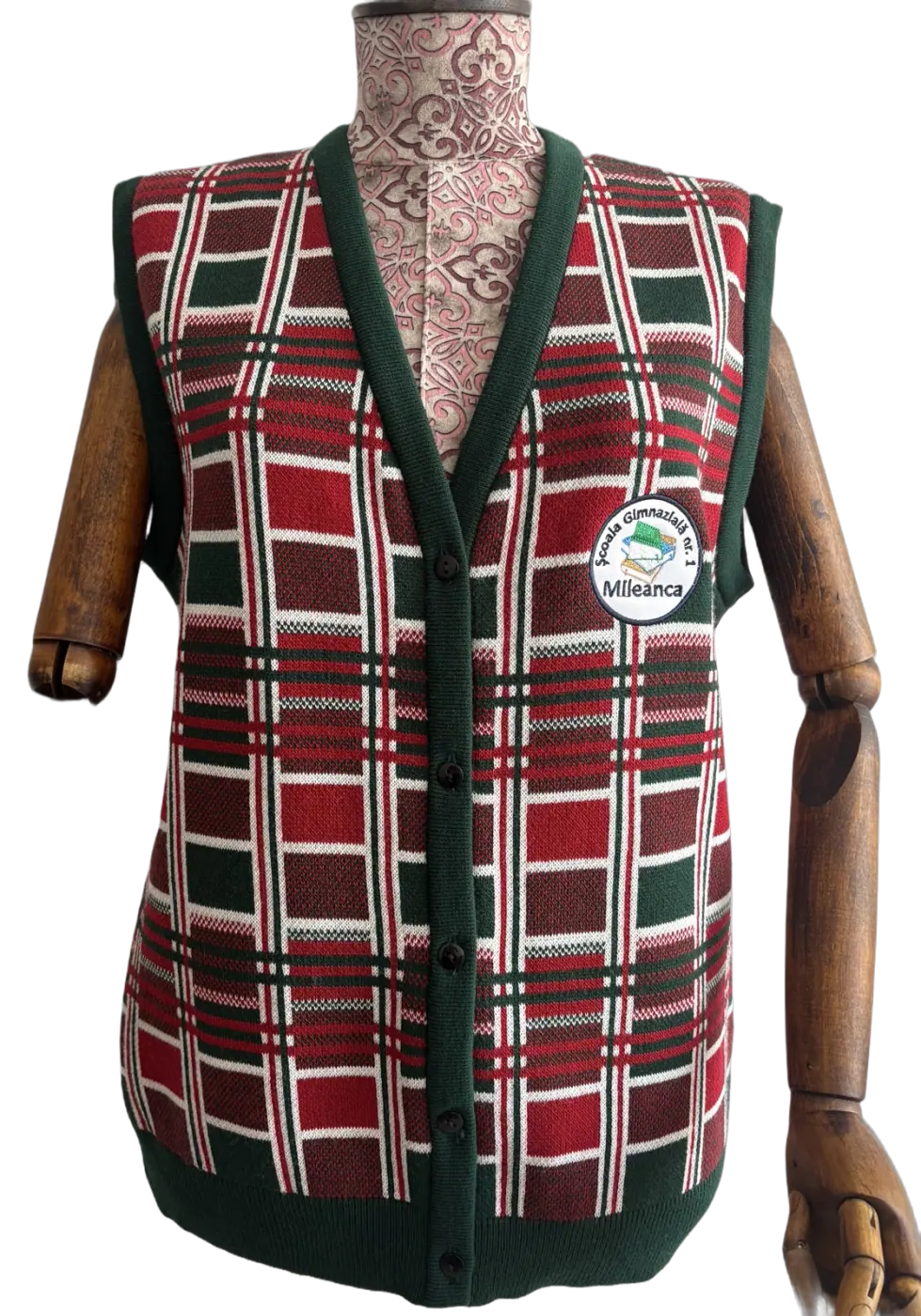 Plaid school knitted vest with embroidered crest
