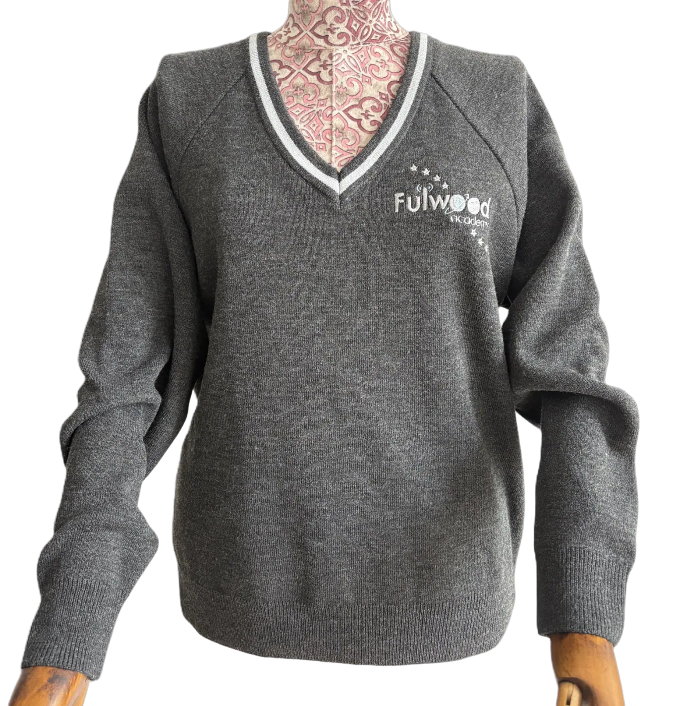 Red school cardigan with navy trim