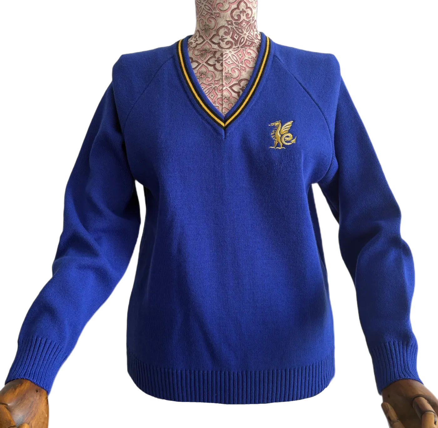 Royal blue V-neck knitted sweater with embroidered detail