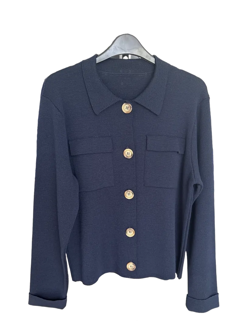 Navy knitted jacket with gold button closure