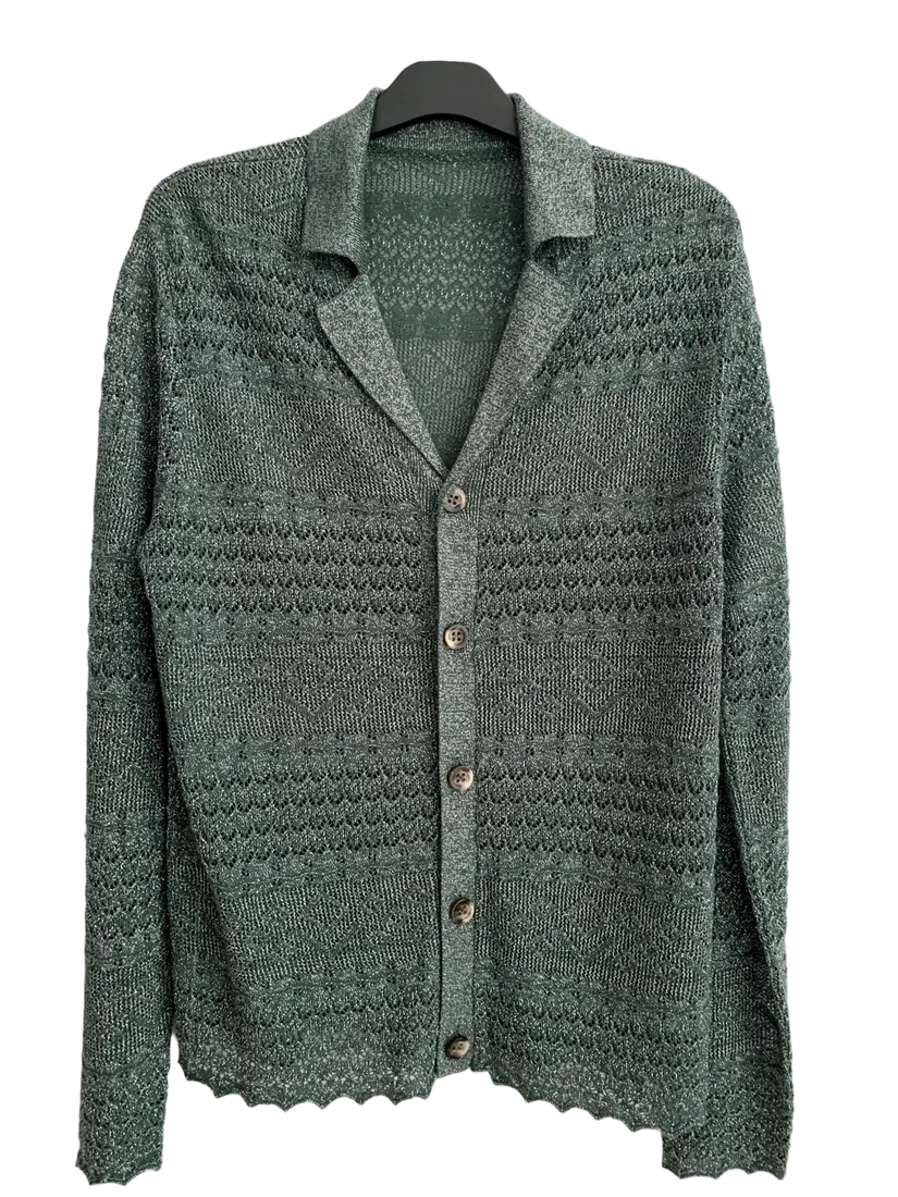 Green pointelle knit blazer with buttoned front