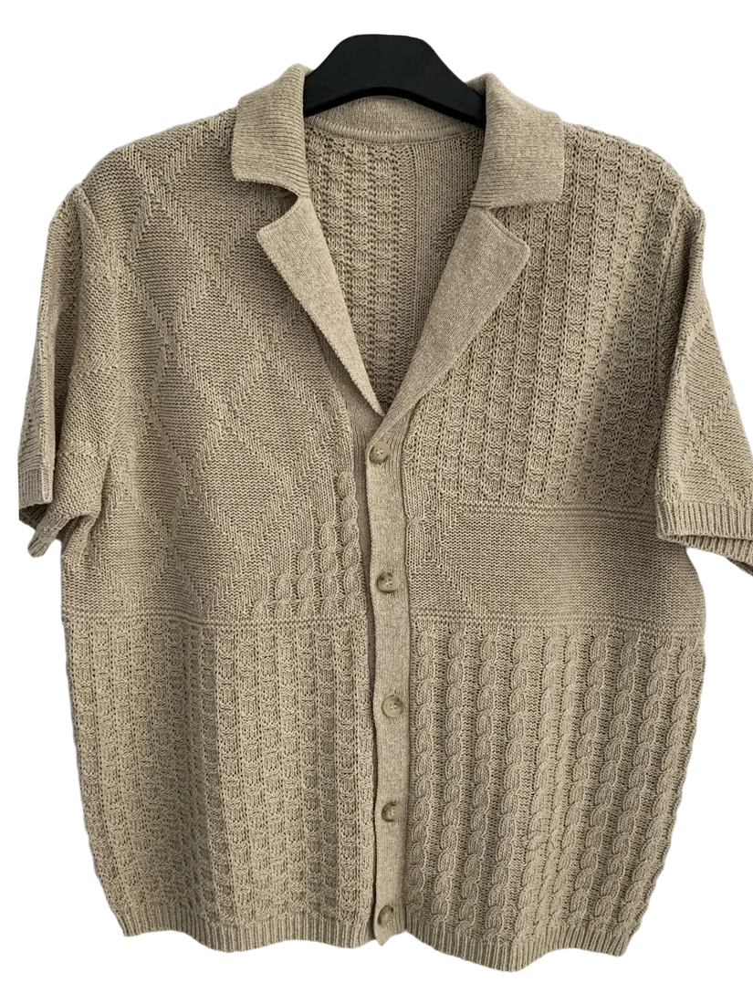 Beige short sleeve knitted shirt with cable panels