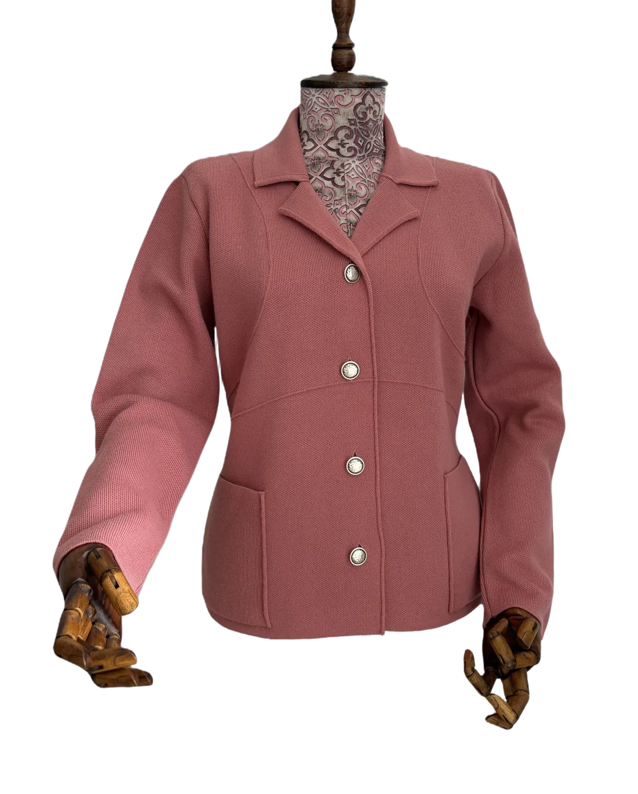 Structured knitted blazer in dusty pink with silver buttons