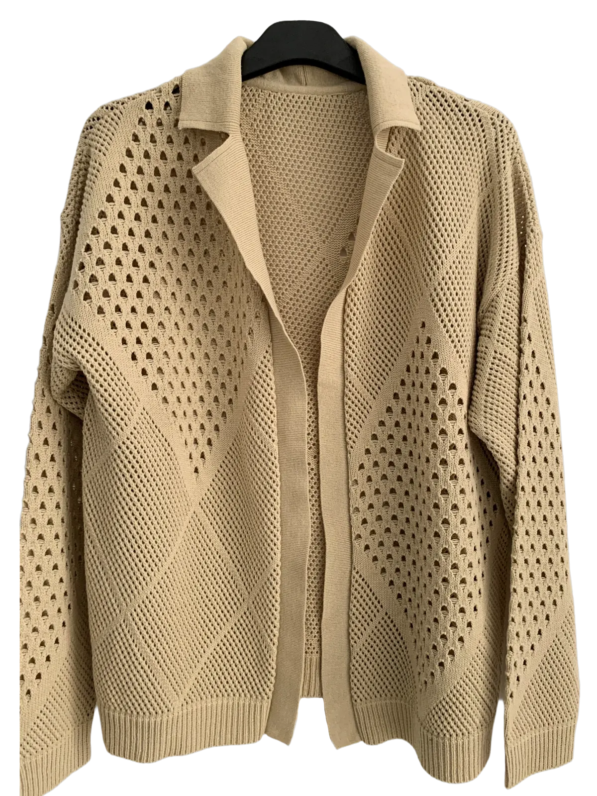 Beige open-front openwork knit cardigan