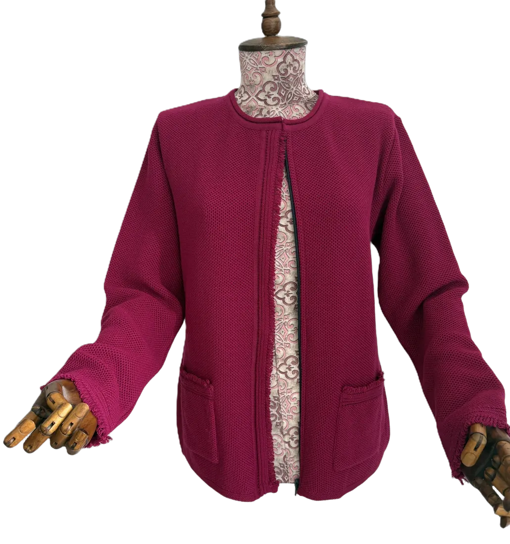 Magenta zip-front knit cardigan with frayed trim