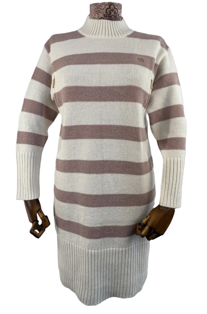 Striped turtleneck knitted dress in cream and mauve