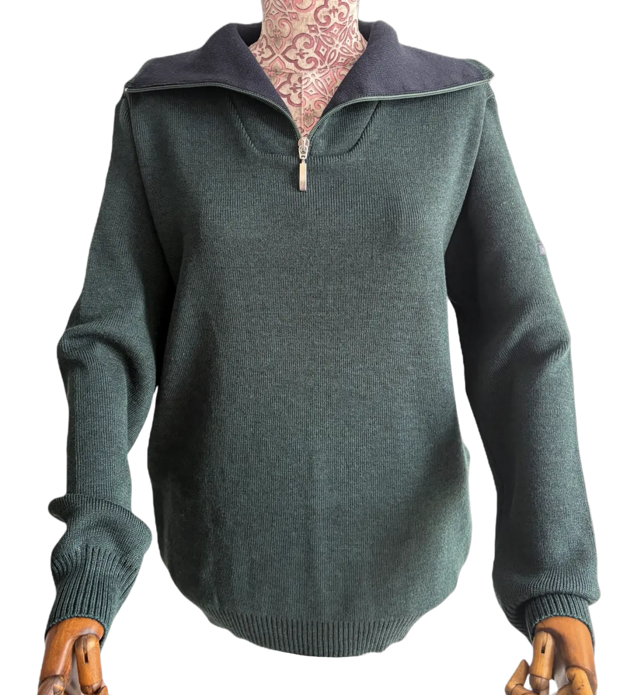 Forest green zip-collar knitted hoodie sample