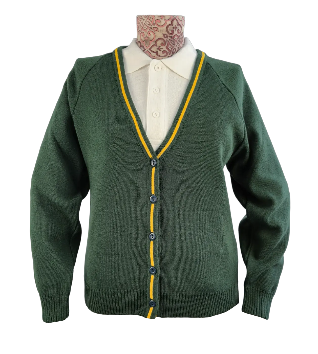 Green cardigan with yellow trim for institutional production