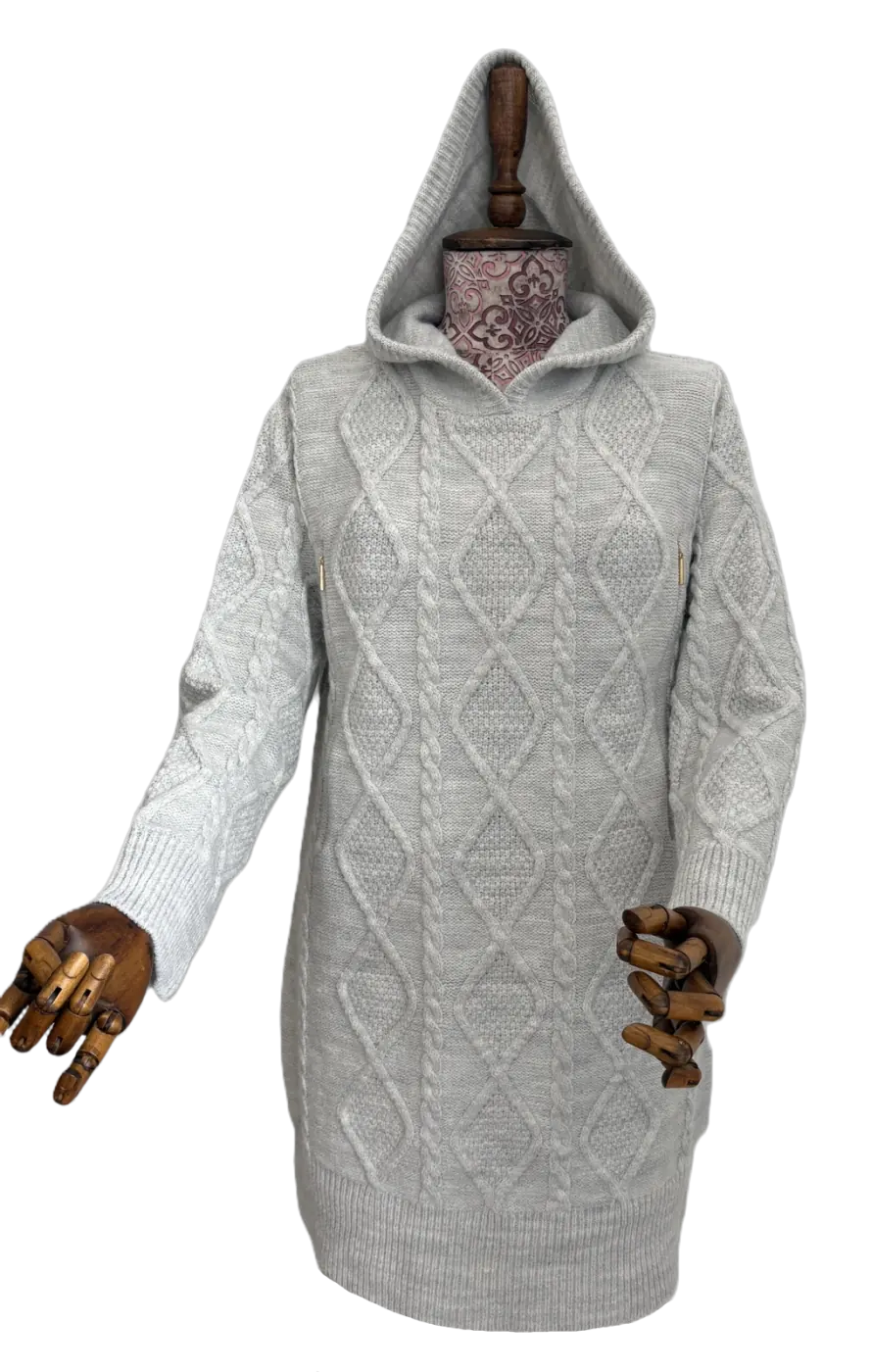 Grey cable hooded knitted garment sample
