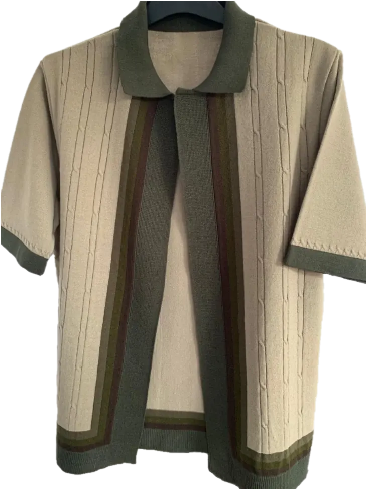 Beige open-front knitted polo with olive contrast bands