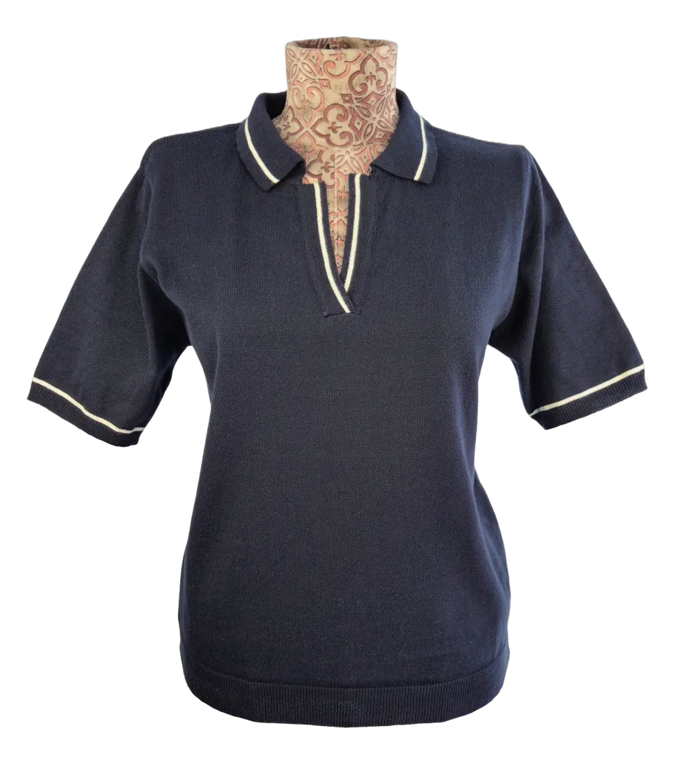 Navy short sleeve knitted polo with cream tipping