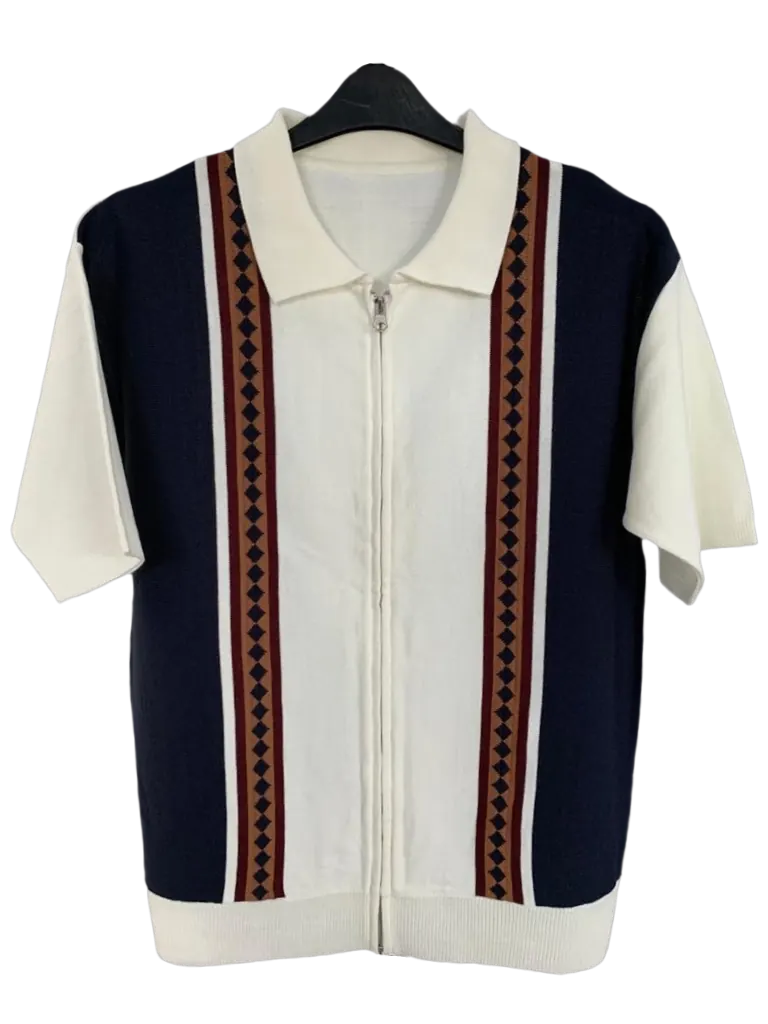 Zip-front knitted polo with jacquard stripe panels