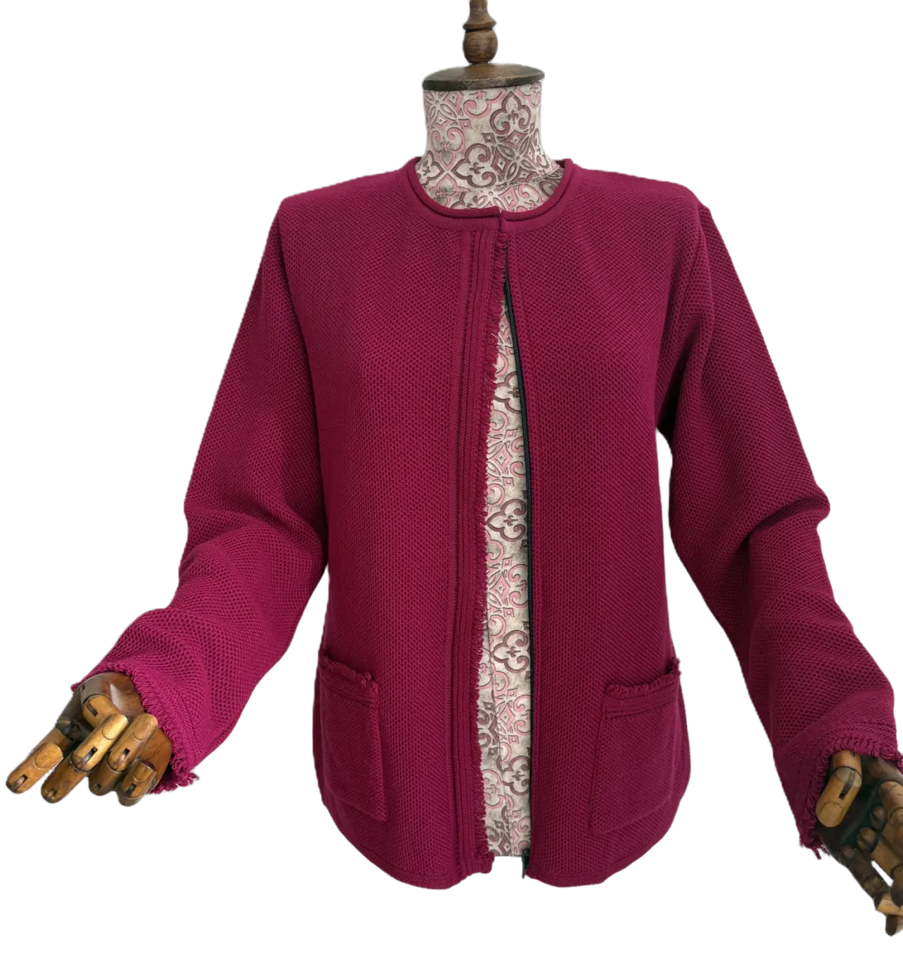 Private label cardigan detail with zipper and knitted structure