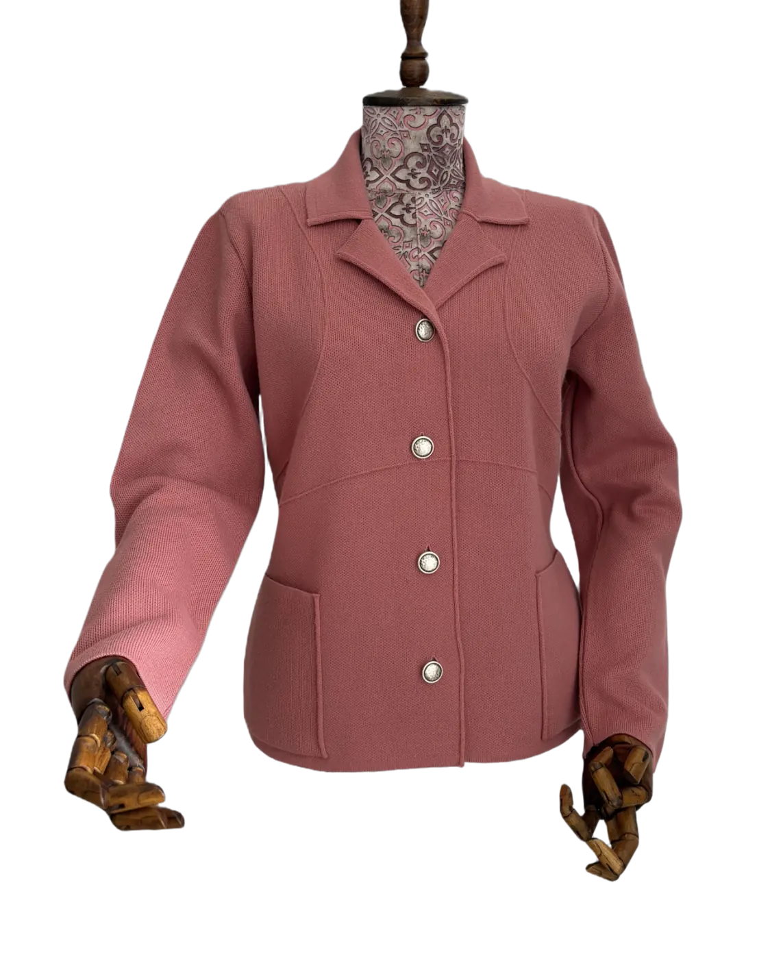 Rose knitted jacket sample produced by Moga Knitworks