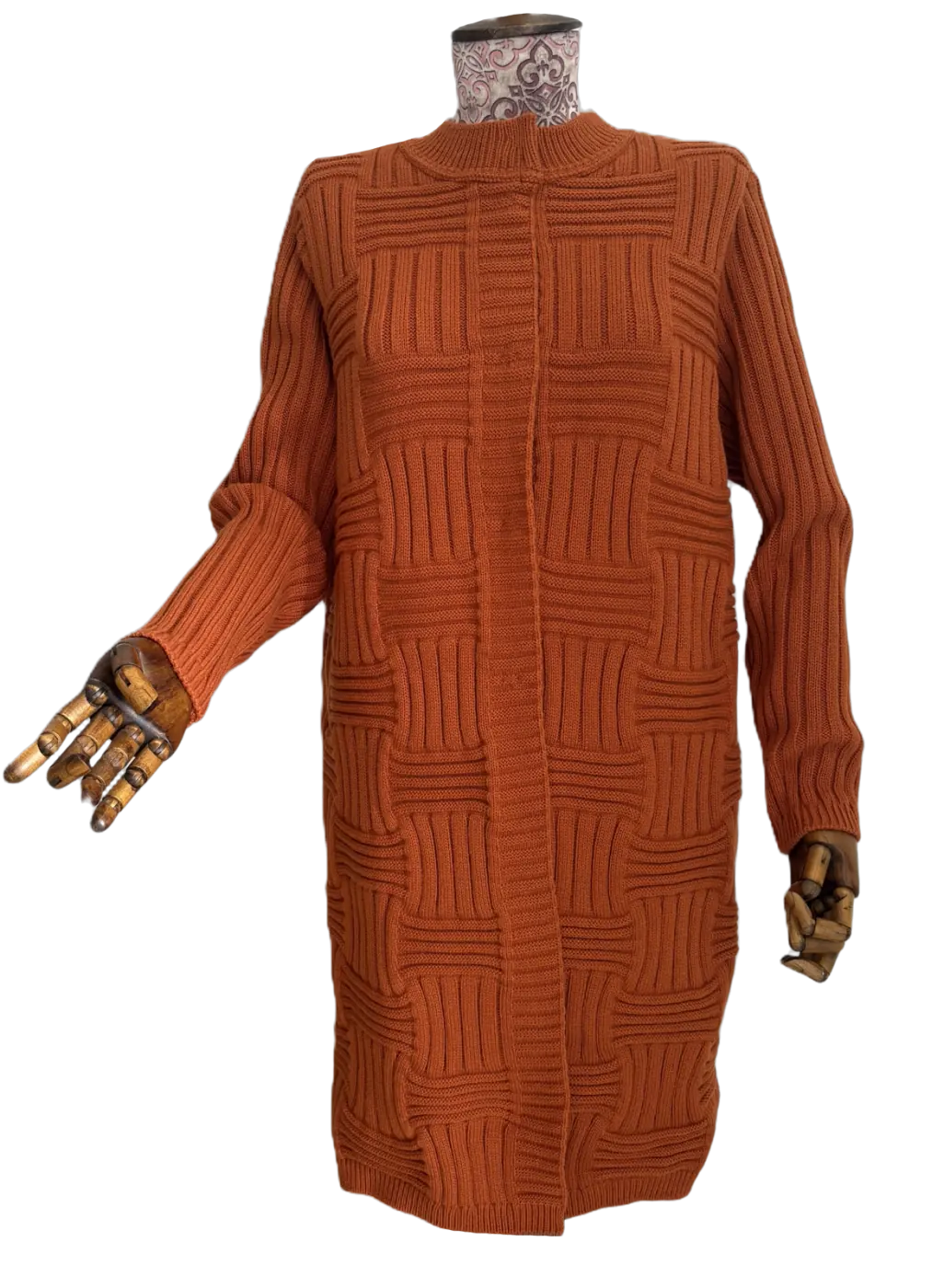 Rust textured knitted dress produced as a custom sample