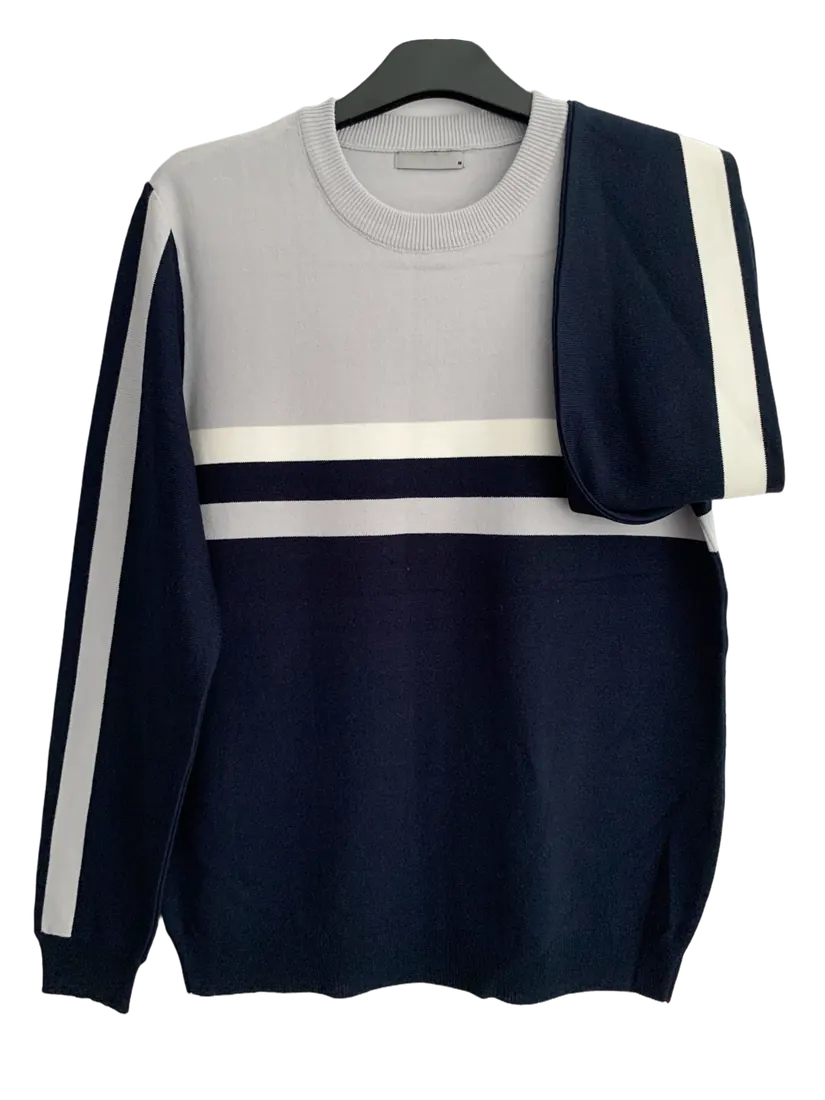 Navy plain knit sweater with ribbed neckline