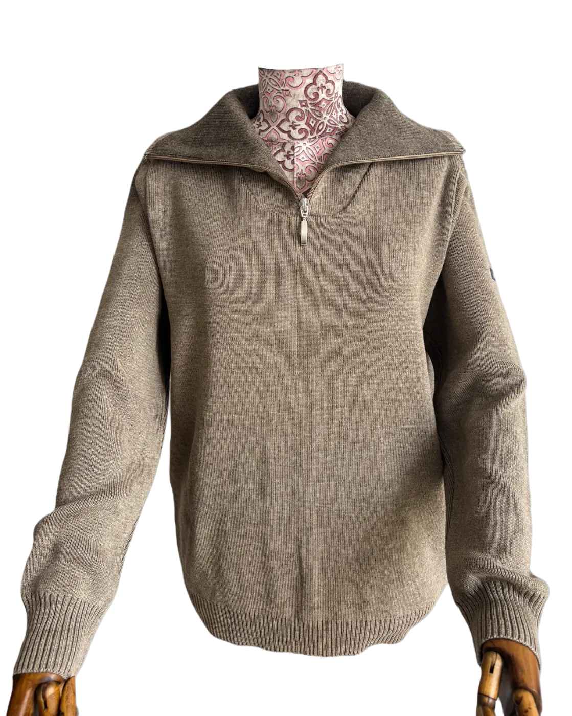 Taupe zip-collar knitted hoodie sample