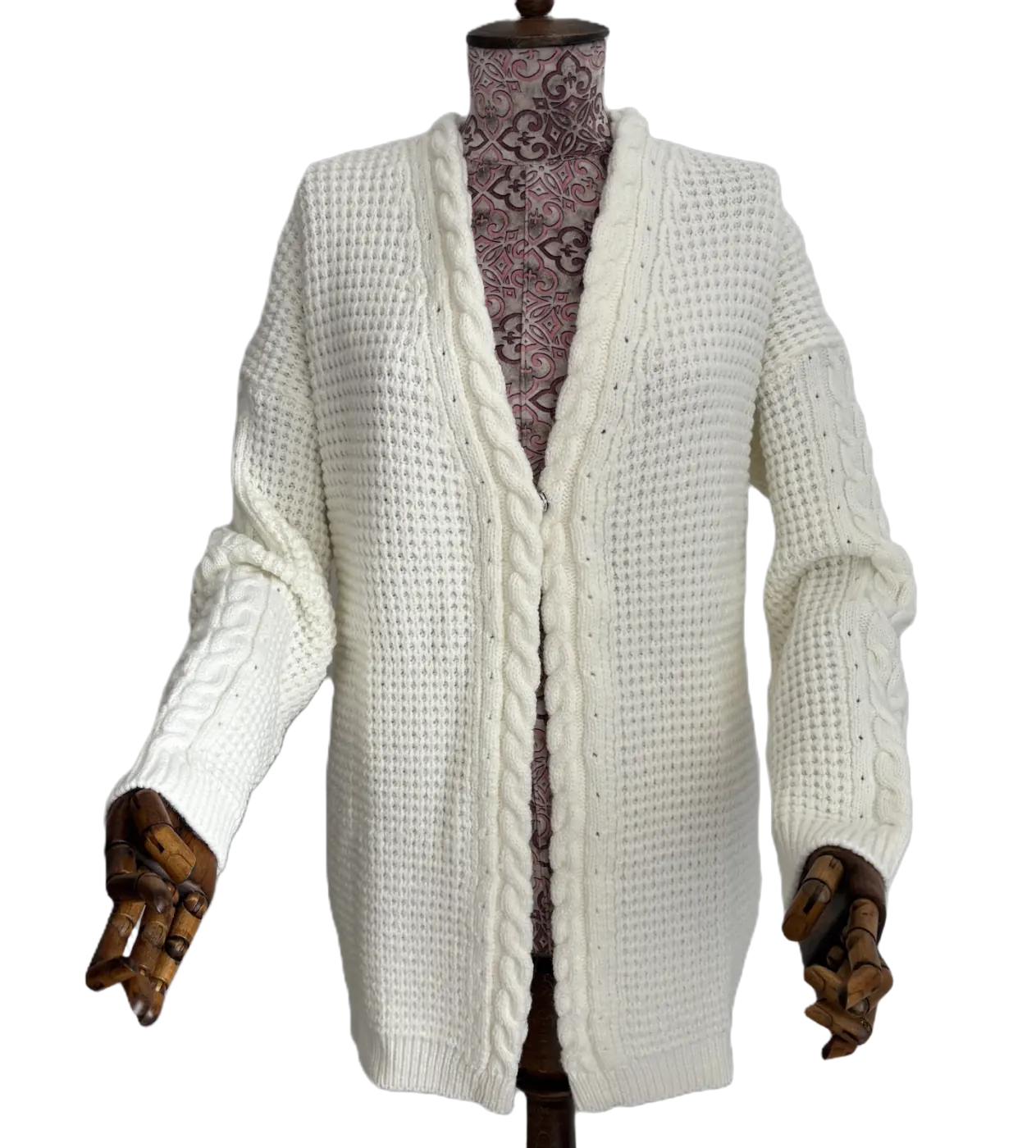 White chunky cable knitted cardigan sample