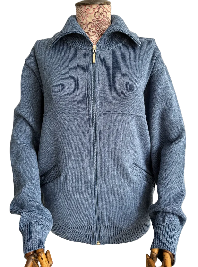 Front view of a knitted zip hoodie